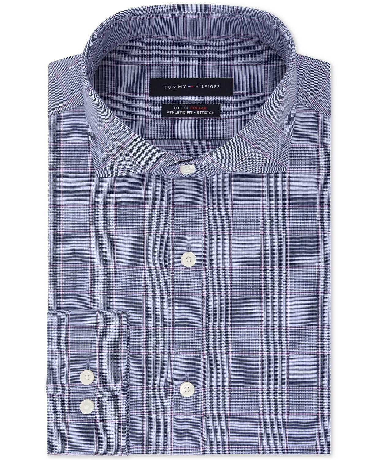 Stretch Flex Tommy Dress Shirt(Purple, Check Performance TH 15.5X34-35 Men’s Fitted Moisture-Wicking Hilfiger Purple