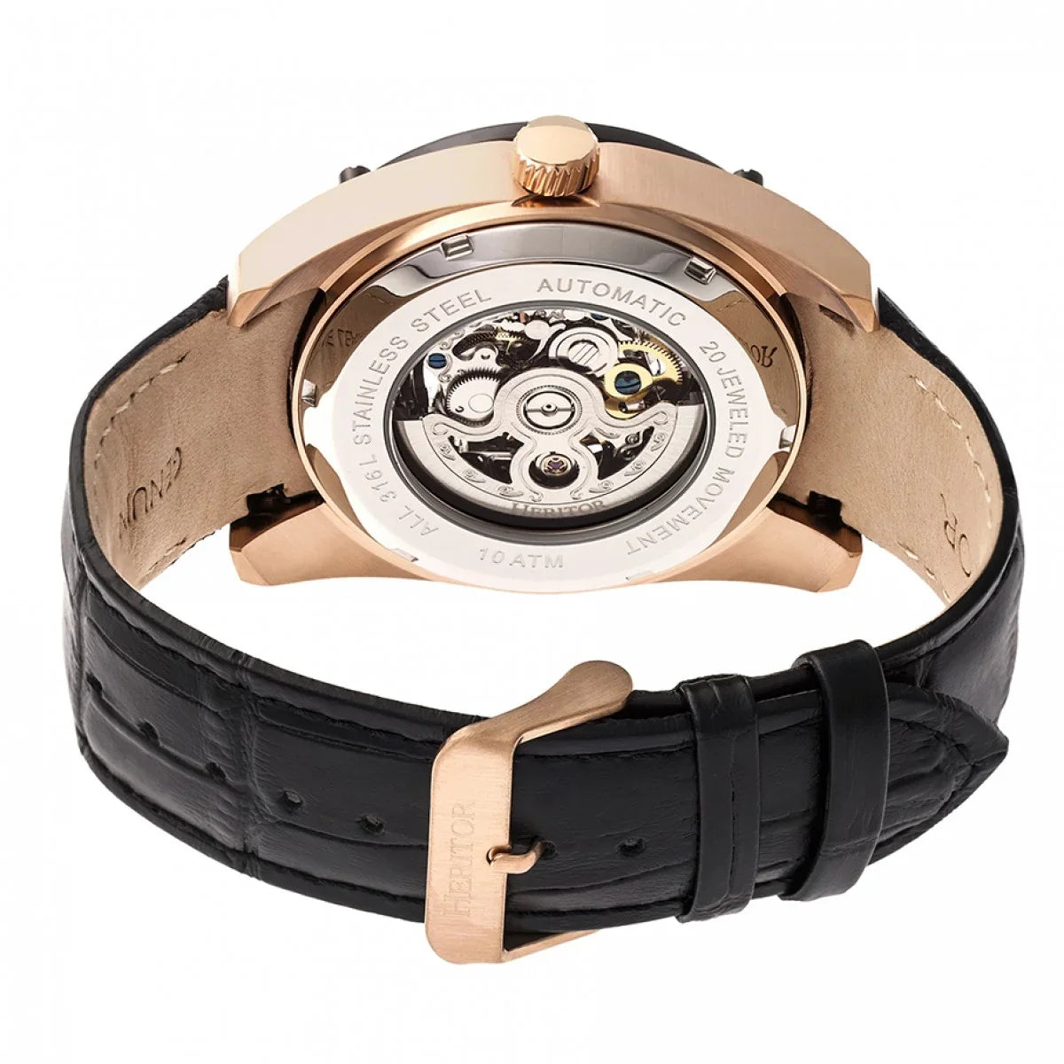 Semi-Skeleton Mens Rose Black Watch Heritor Leather HERHR7406 Daniels Gold & - Band Automatic