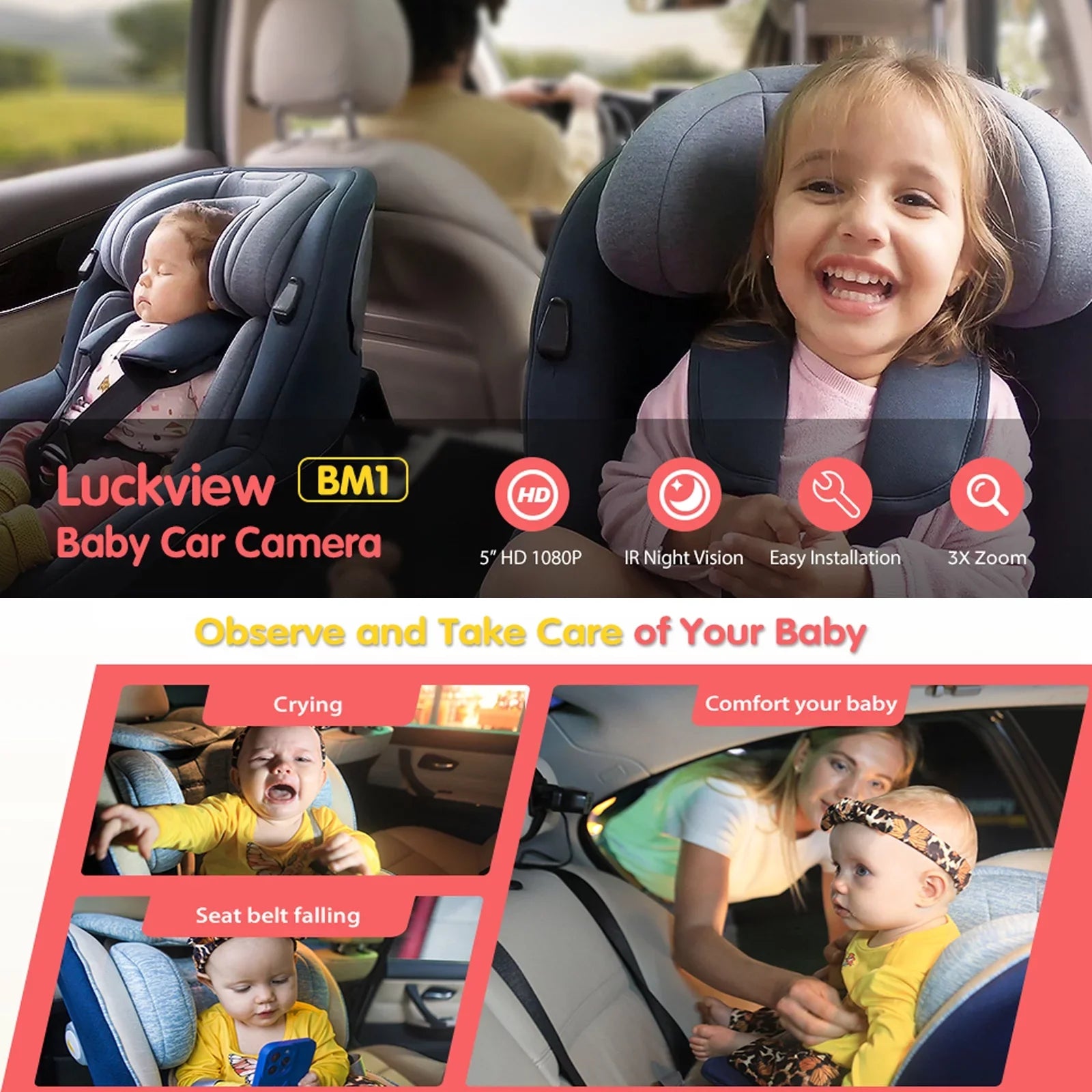 Baby HD Observing Safety Luckview Children Monitor Zoom Car Night Back While 3X for Seat Car Rear Car Driving Baby Seat Monitor Car Camera Vision, Facing Camera Baby Baby Camera