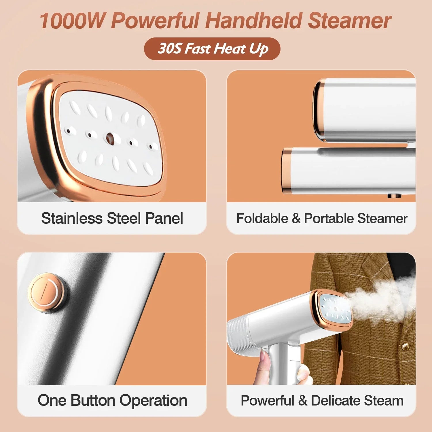 Heat Steamer Brush 1000W with Electric Foldable Travel Clothing Water Steamer Tank, 30S Garments Portable up Wrinkles for White Remover 120ML Handheld iMounTEK