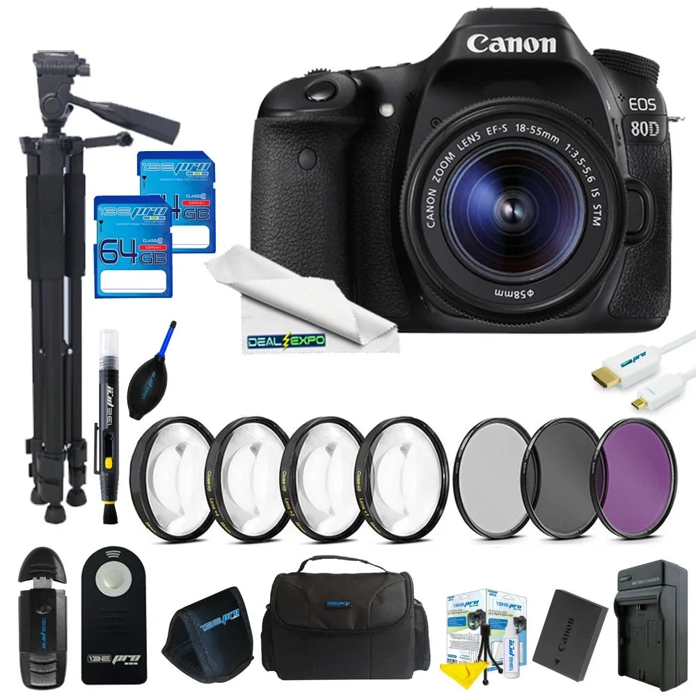 80D DSLR + Lens 18-55mm EOS 64GB Camera with Advanced Kit Expo Canon