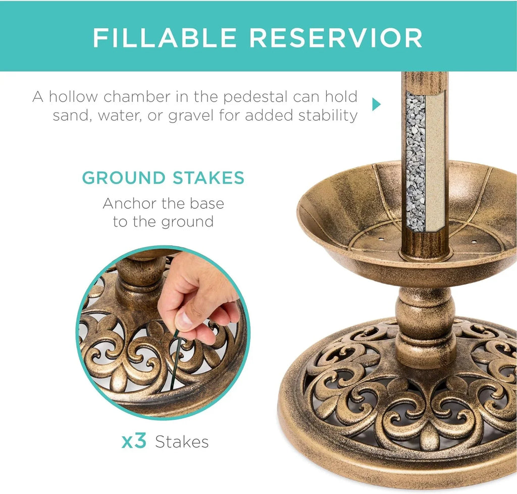 Fountain Outdoor Solar Accents Bath - W/Planter, Lighted For Pedestal Integrated Bronze Garden Lawn, Decoration Scroll Panel,