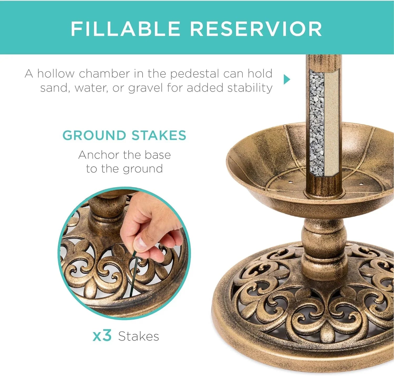 Fountain Outdoor Solar Accents Bath - W/Planter, Lighted For Pedestal Integrated Bronze Garden Lawn, Decoration Scroll Panel,