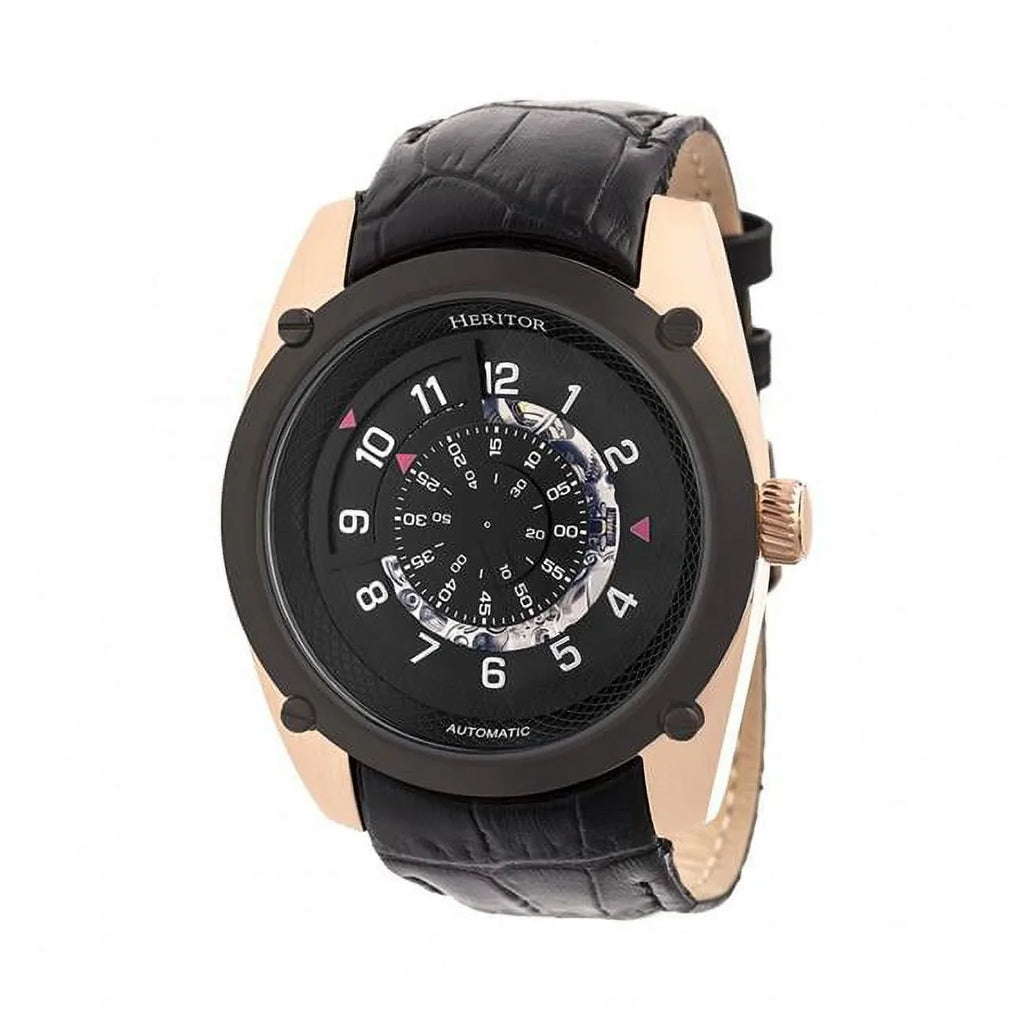 Semi-Skeleton Mens Rose Black Watch Heritor Leather HERHR7406 Daniels Gold & - Band Automatic