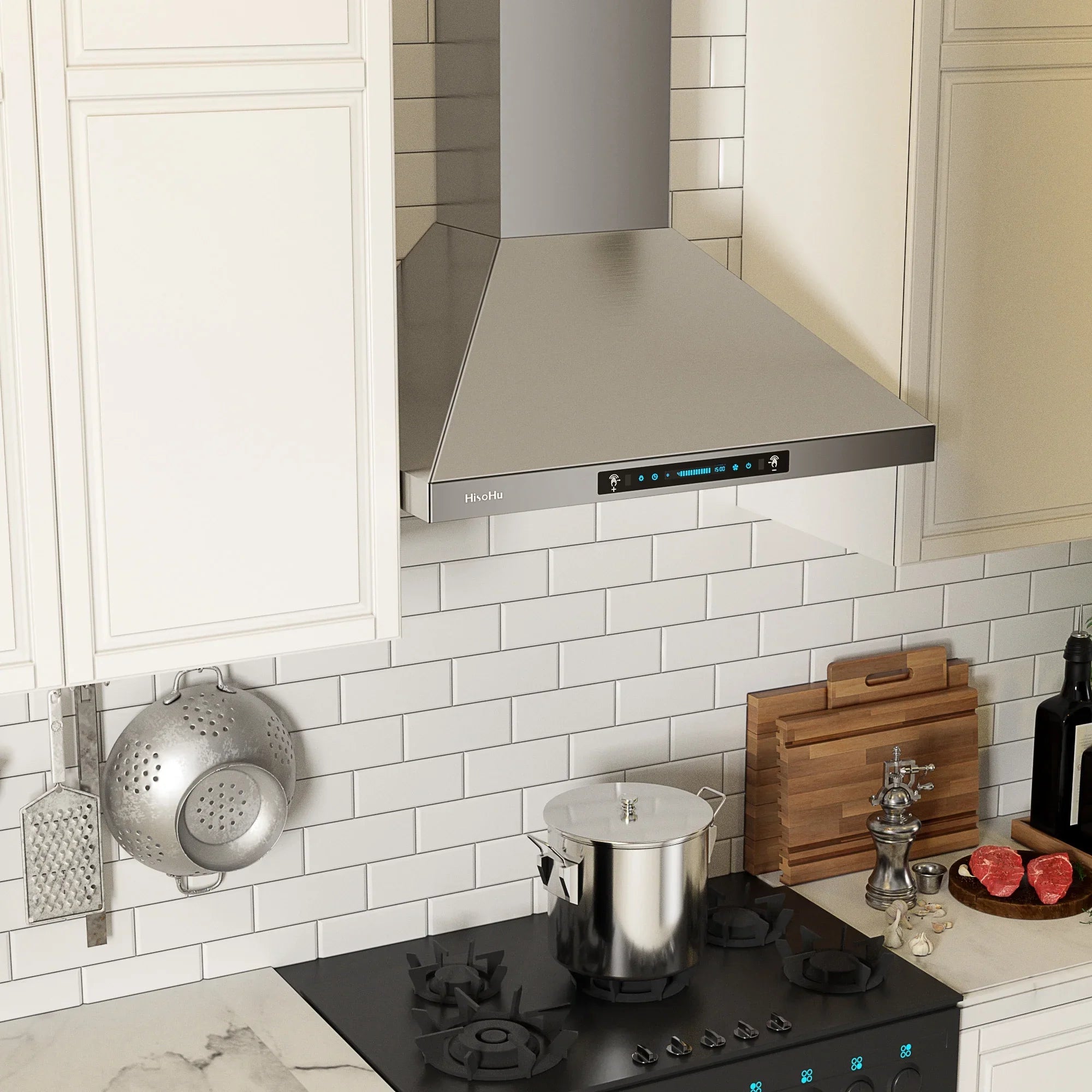 CFM Sensing Gesture Duct, HisoHu 36 Inch Range Kitchen Exhaust Wall Hood, LED Vent Hood Hood Stainless 780 Mount Hoods lights(A02-36") Speed with Ducted/Ductless with 4 Steel Dimmable Convertible