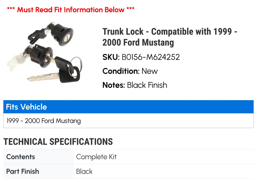 2000 Trunk - Compatible - 1999 Mustang with Ford Lock