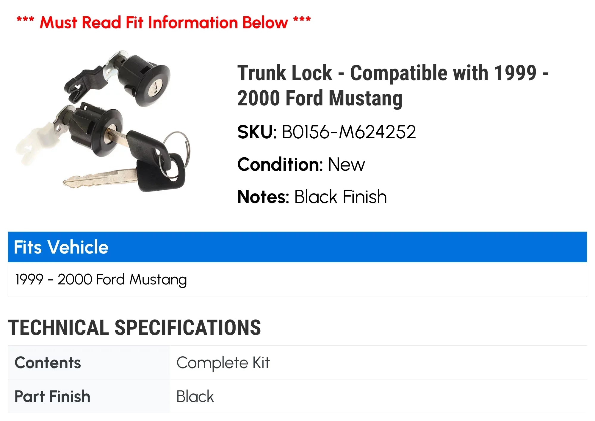 2000 Trunk - Compatible - 1999 Mustang with Ford Lock