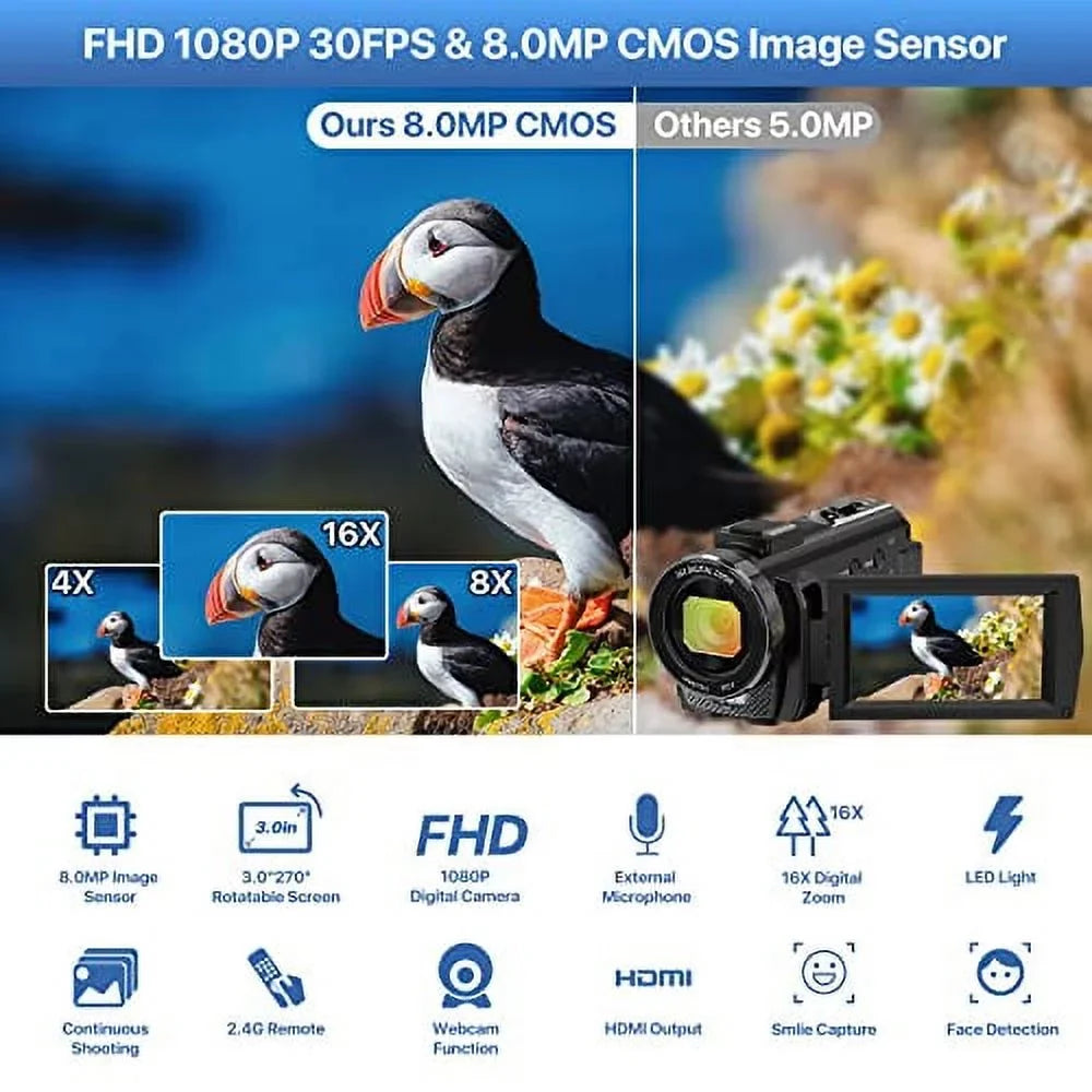 Digital IR WiFi Camera 1080P and Microphone,Remote 3.0'' Vision 2 Zoom Camera Night with 16X 26MP Touch Batteries Camcorder Recorder Camcorder Video 30FPS Screen FHD Vlogging YouTube