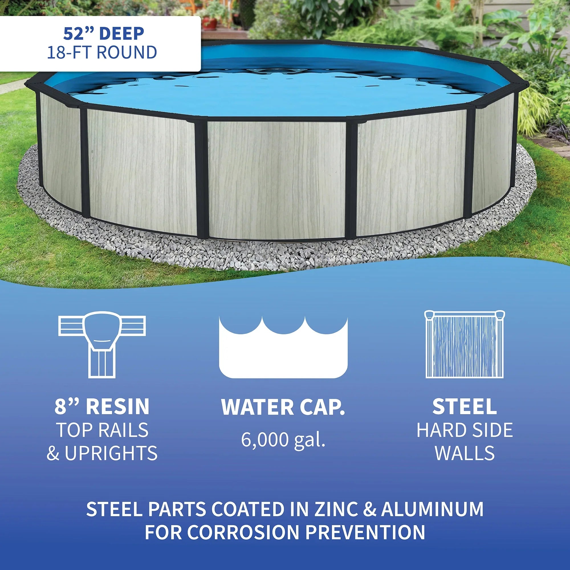 52-in Deep Pool Hybrid 18-ft Top Wave Package with Blue Rail Round 8-in Savannah