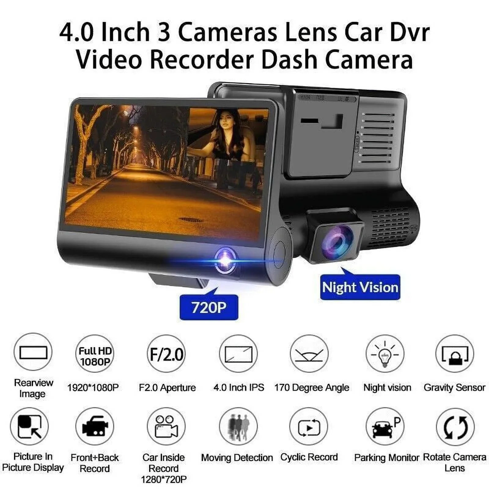 Detection 4" G-Sensor, Dash 1080P Motion Parking Dual Lens Car Front/Rear/Built-In DVR Recorder Monitoring Driving Xhy Video Camera HD Cam and