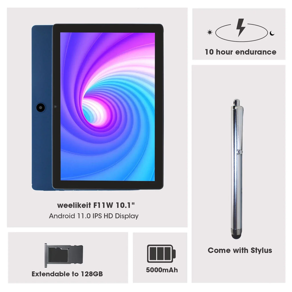 RAM 11 10 1280x800 with ROM Storage Tablet Tablet Android Bluetooth Camera, inch with 32GB PC, WiFi6,3GB weelikeit 5MP+8MP Stylus(Blue) Tablet IPS 5.0, Display, AX