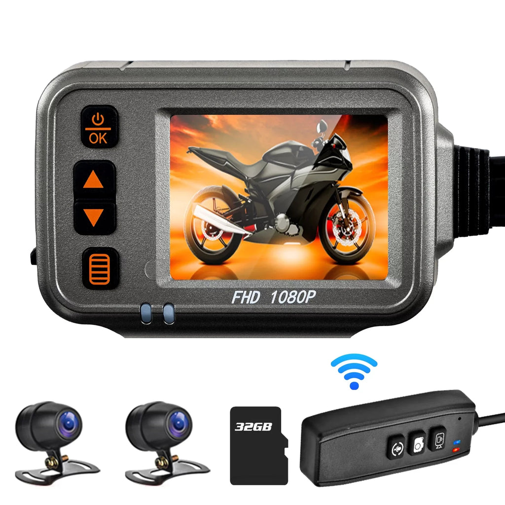Dash Timed Motorbike card Full Motorcycle storage Camera Night With After Angle,Parking Recording Dcenta Wide Cam,WiFi Body Vision 32G ,120° 1080p Flameout Monitoring, Waterproof Dual