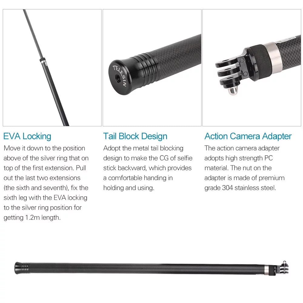 Inch Black(2018) Replacement 2.7M/106 Handheld Selfie Lightweight One Long 10/9/8/7/6/Hero for Stick Hero Fiber OSMO 5 Ultra C GoPro for Replacement Pole R Carbon Extendable Action Monopod