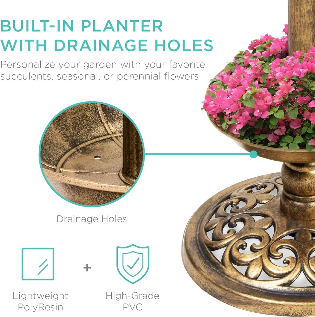 Fountain Outdoor Solar Accents Bath - W/Planter, Lighted For Pedestal Integrated Bronze Garden Lawn, Decoration Scroll Panel,