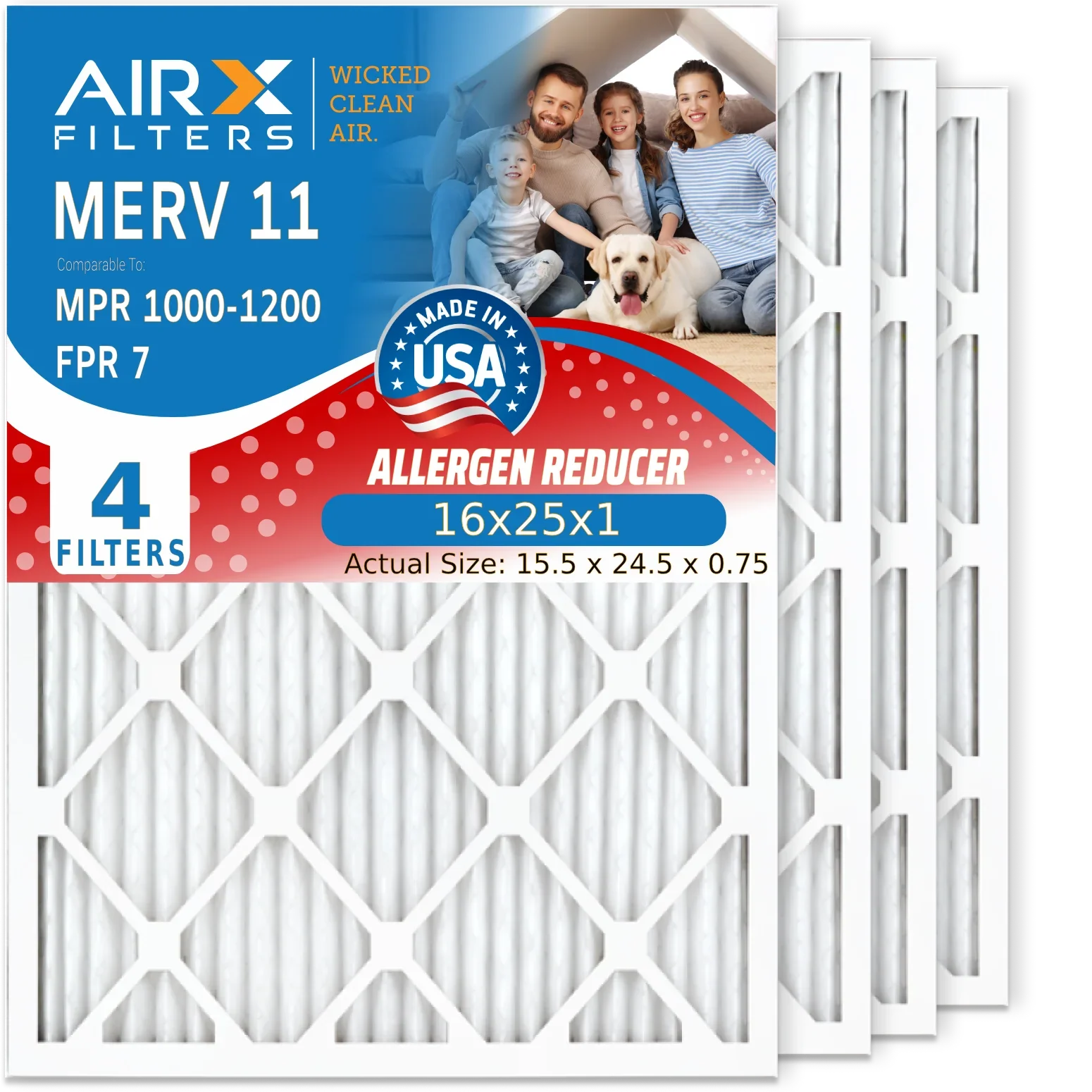 AIRX Pleated to 16x25x1 Comparable by Air 11 FILTERS MPR AIR. USA Furnace FPR CLEAN MPR Pack 4 & Conditioner HVAC Air Filters WICKED 1200 Electrostatic 16x25x1 Filter Premium MERV 7 1000, Filter Made