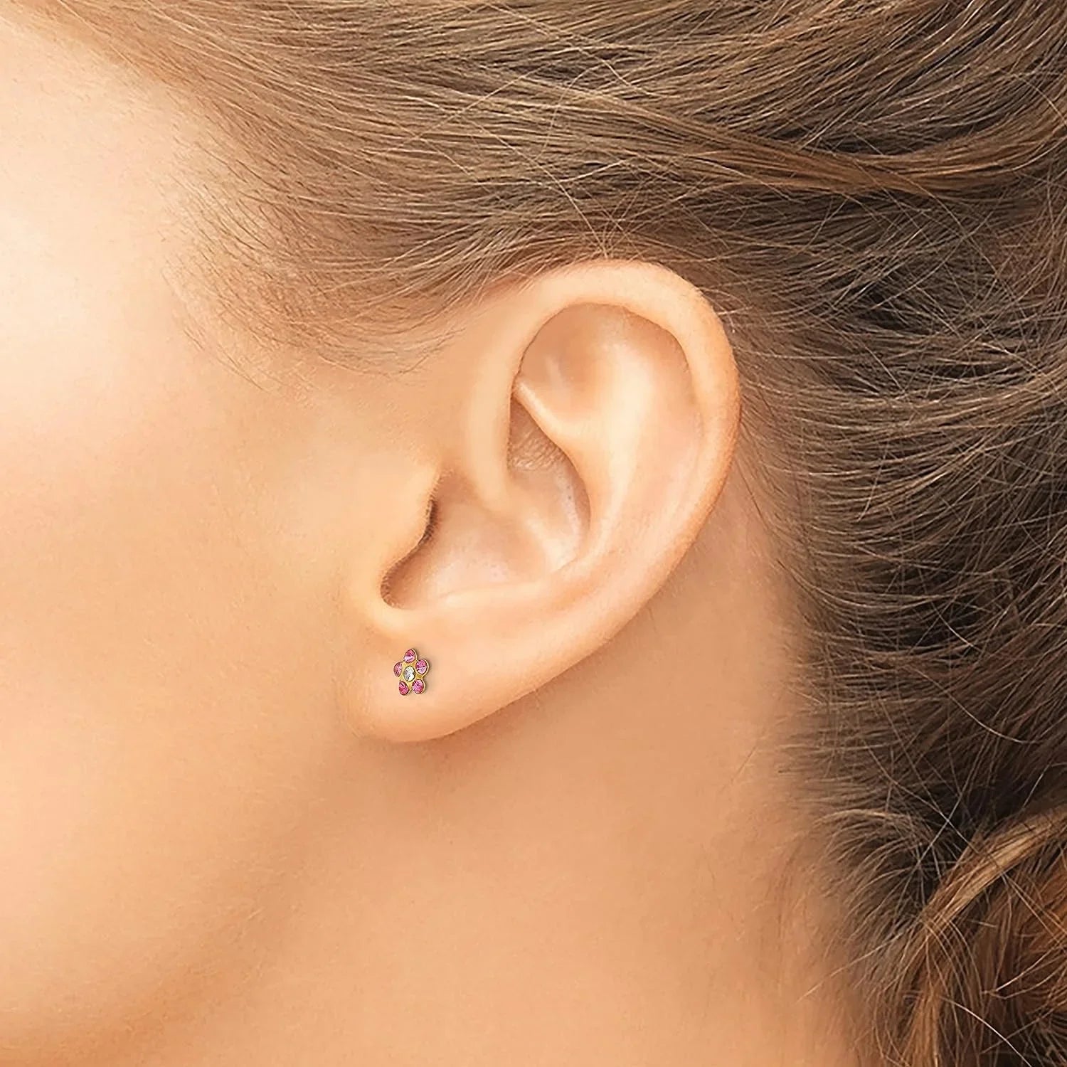 Solid Rose/Aurora Gold Flower 14k 5mm Borealis Crystal Inverness - Earrings Yellow