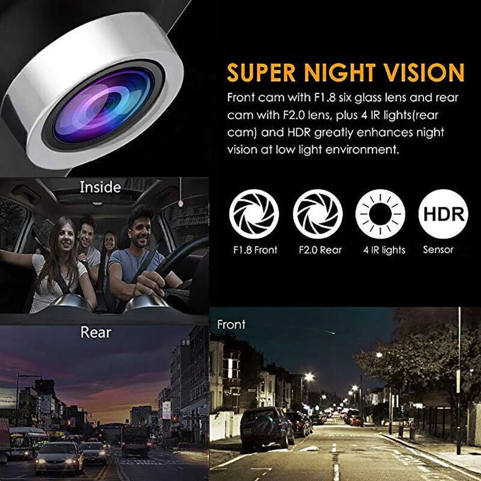 Detection 4" G-Sensor, Dash 1080P Motion Parking Dual Lens Car Front/Rear/Built-In DVR Recorder Monitoring Driving Xhy Video Camera HD Cam and
