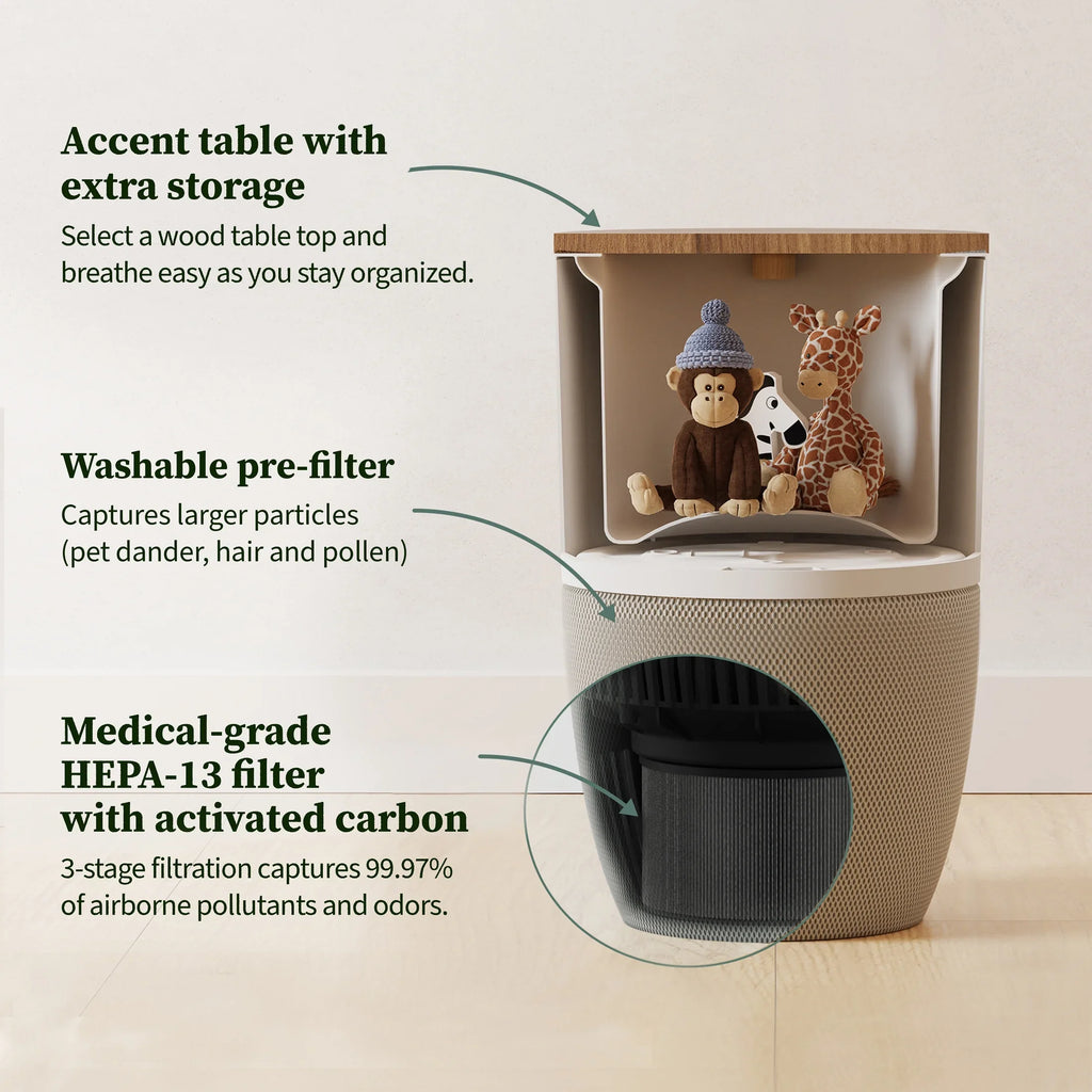 With Medical-Grade HEPA-13 | Smart Dupray Air Purifier Air Bloom™ Accent Walnut Filtration Table