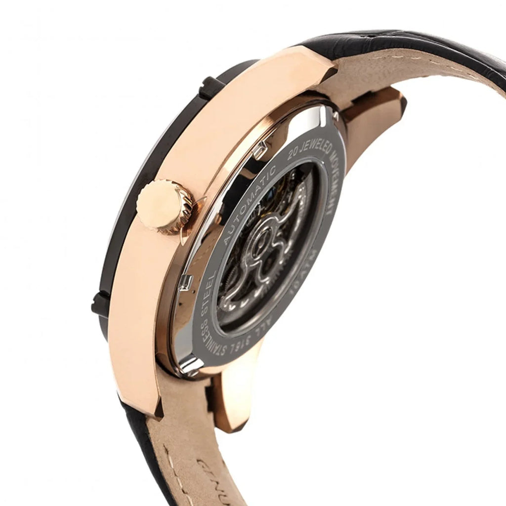 Semi-Skeleton Mens Rose Black Watch Heritor Leather HERHR7406 Daniels Gold & - Band Automatic
