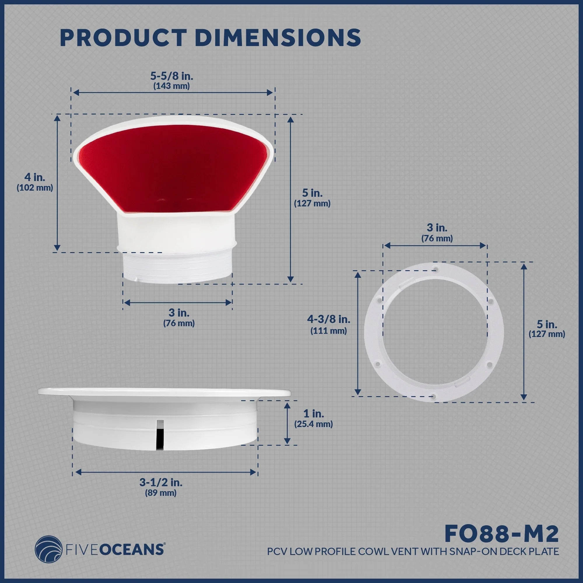 Cabin Profile Cowl Snap-On - Interior, UV-Resistant Vent Intake Pack Deck and 2 FO88-M2 Low Plate or PVC, Red 3-Inch Flexible Oceans Ventilation Five and for Cover, Air with