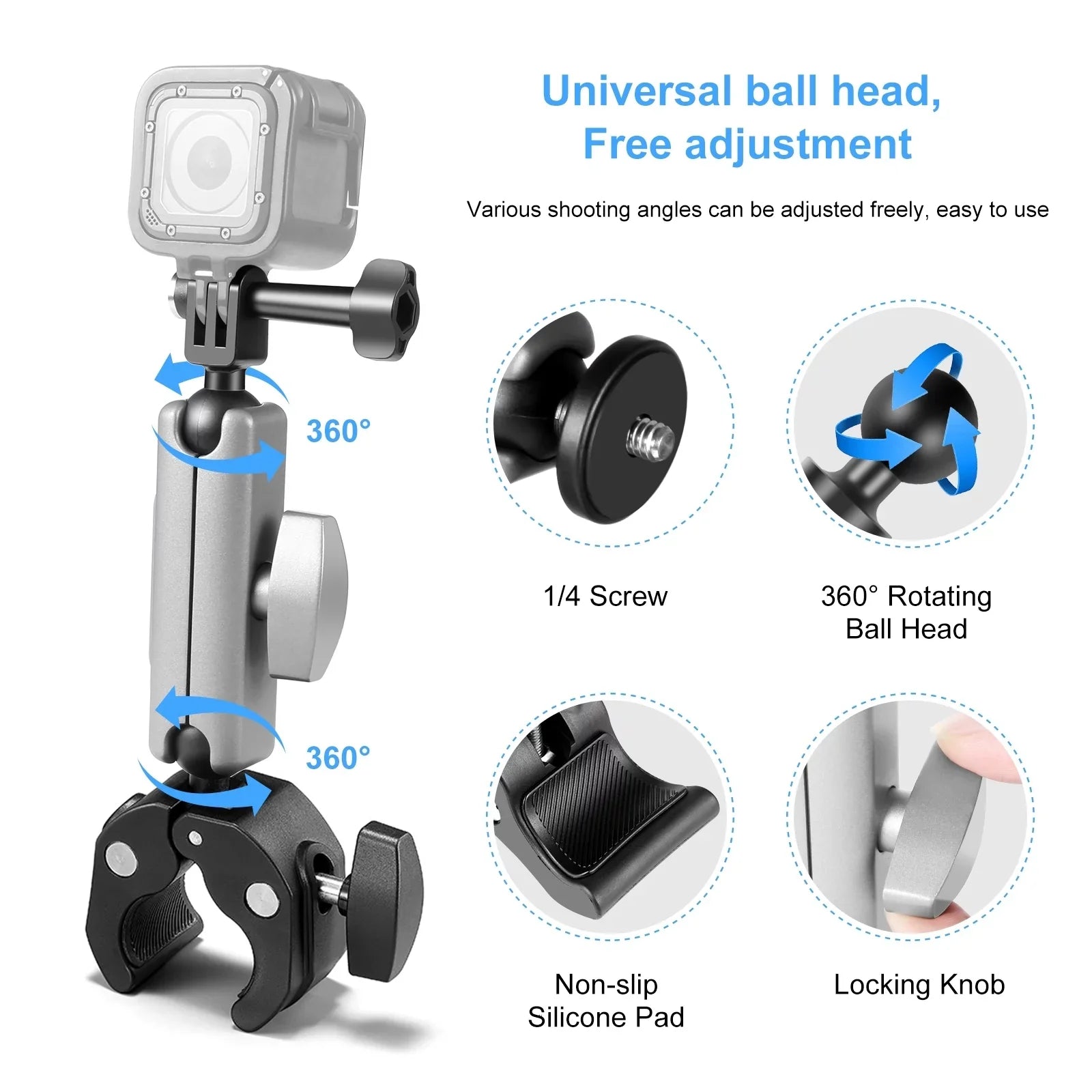 Handlebar Dual Rotatable AKASO Mount, DJI Hero PULUZ Aluminum PU867B Alloy Ball 11/10/9/8 Head, Clamp Adapter, Compatible