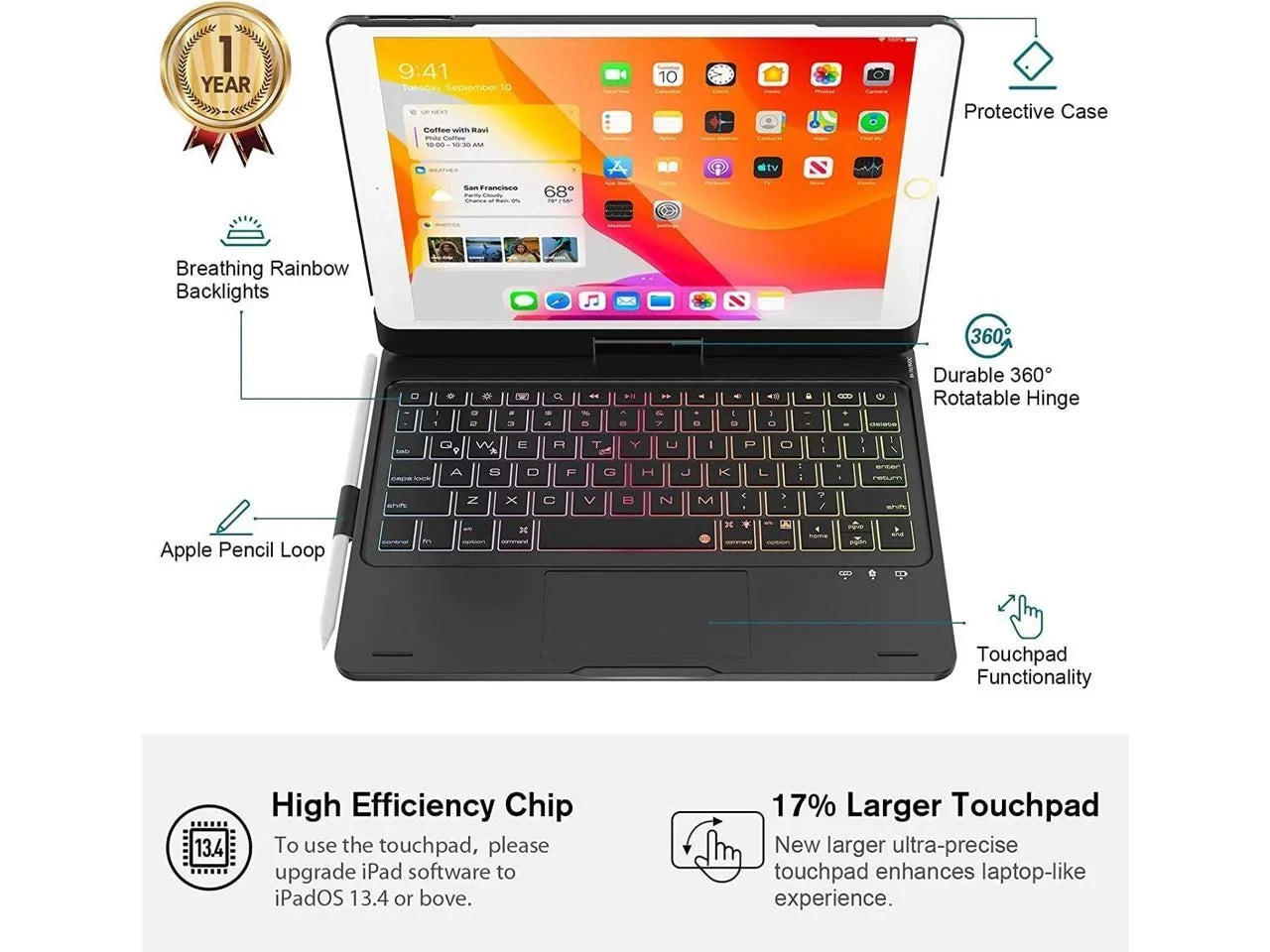 2019 Keyboard for 2021/ Pro 10.2 10.5, Touchpad case Gen Gen inch Backlit Pencil iPad with 7th Rotatable / 3 8th Air 2020/ Keyboard 9th Gen Holder and iPad