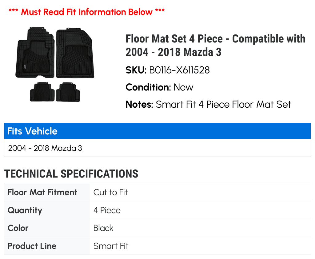 2008 Mat 2009 2013 2015 2011 Piece Mazda 2018 3 2004 2016 - 4 2007 2006 - 2005 2010 2014 Set Compatible with 2012 Floor 2017