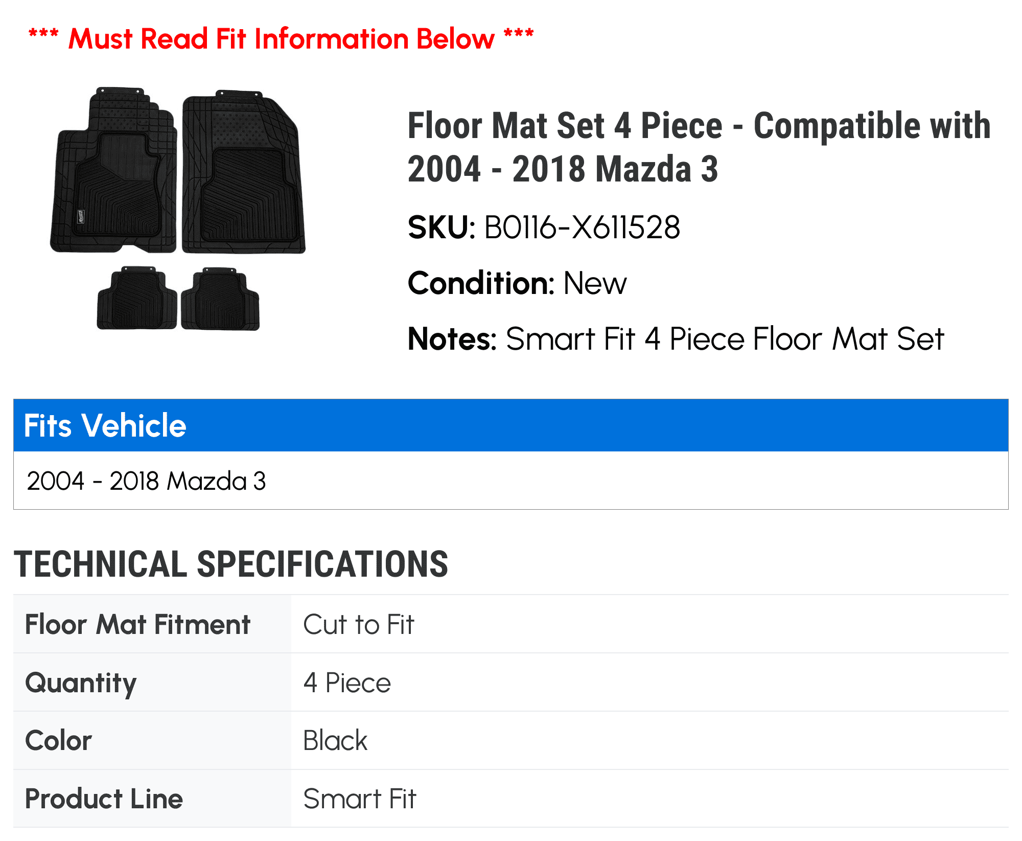 2008 Mat 2009 2013 2015 2011 Piece Mazda 2018 3 2004 2016 - 4 2007 2006 - 2005 2010 2014 Set Compatible with 2012 Floor 2017