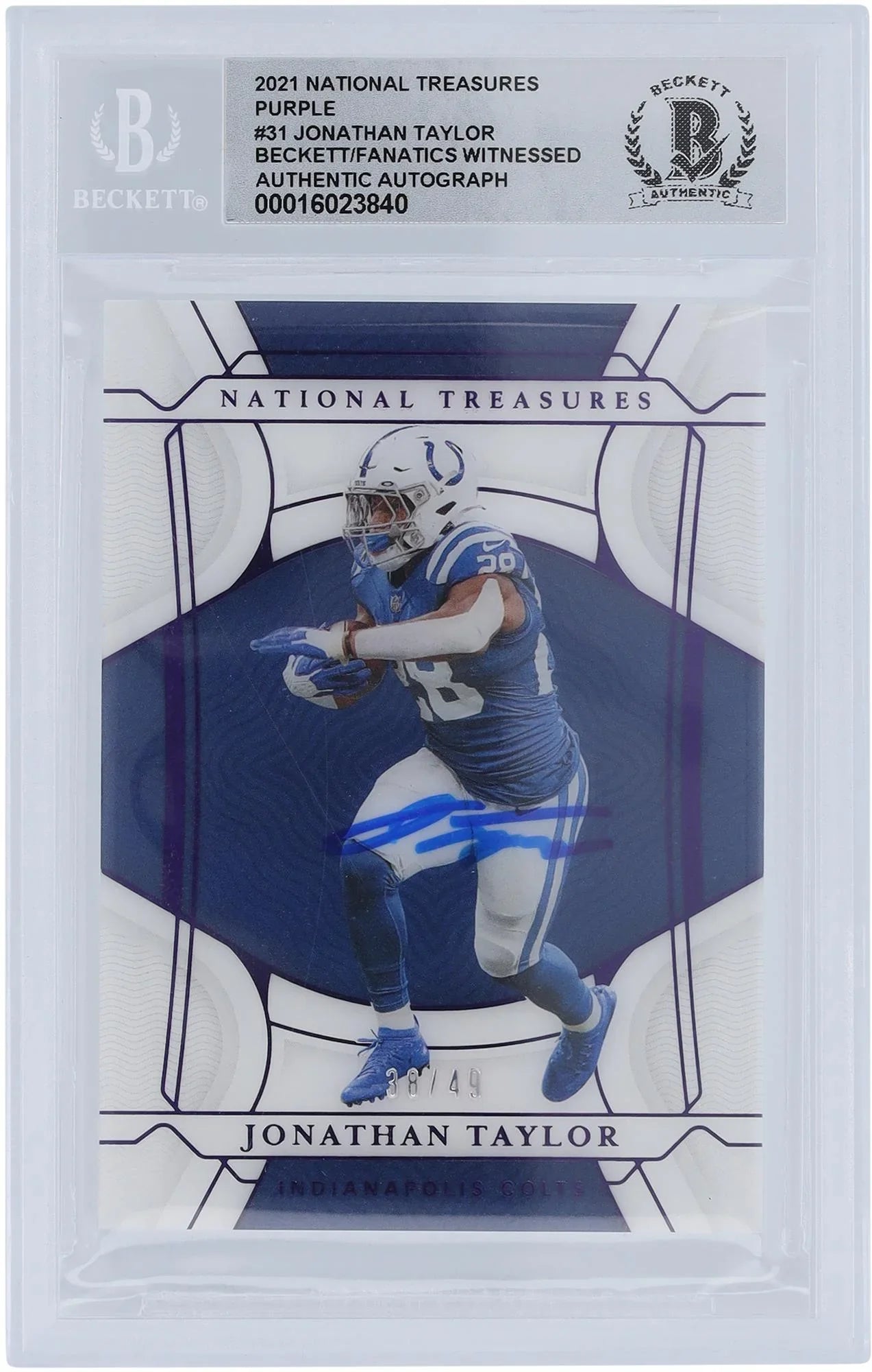 2021 Colts Authentic Witnessed National Purple Card Taylor Autographed Panini 10 Fanatics Indianapolis Certified Authenticated Treasures #31 - #/49 Jonathan Beckett Fanatics