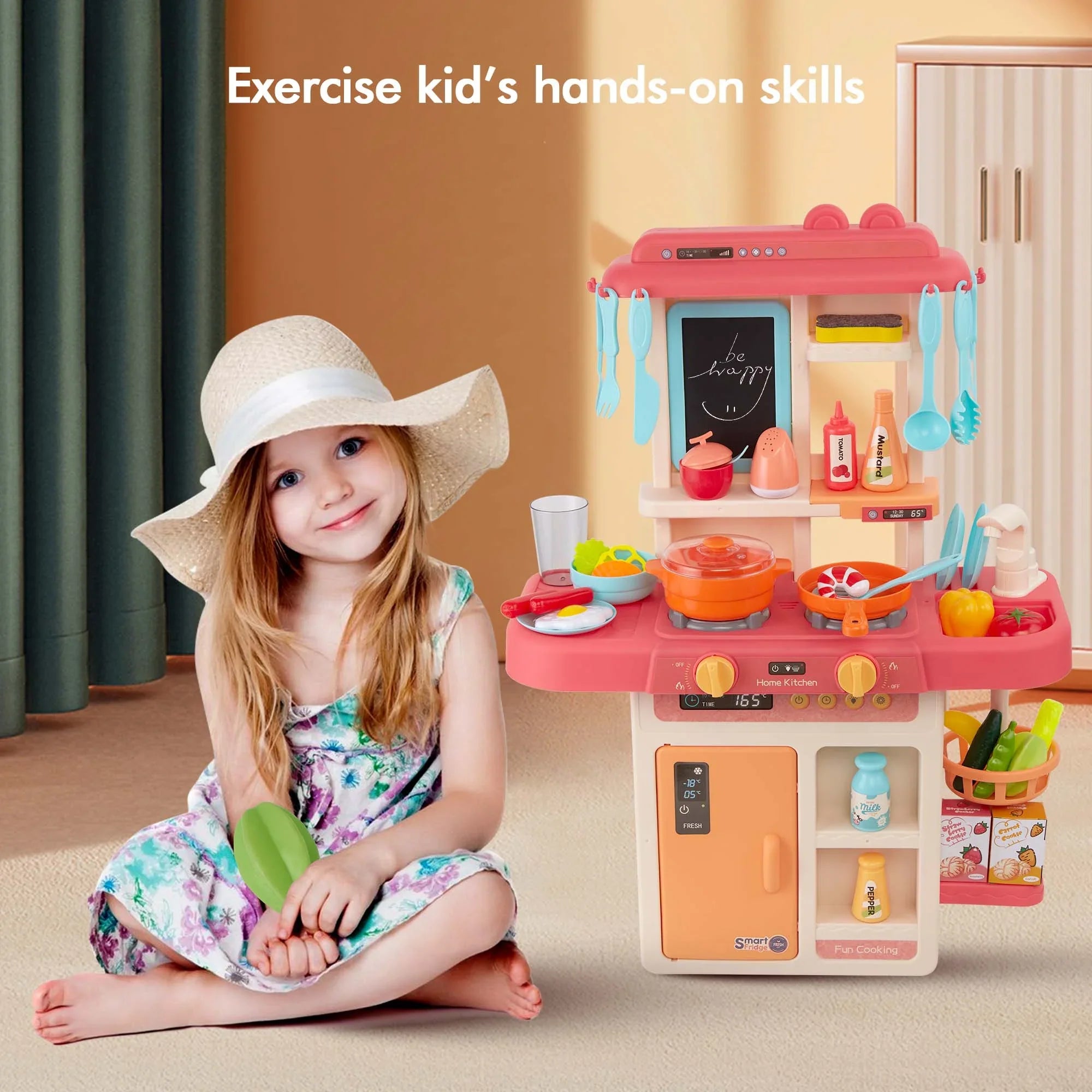 for Food, Sounds Lights, Toys Play Kitchen Accessories Pink Set Toys Toy 42-Pack Kitchen for Girls Real with and Pretend for Toddlers, Toddler Boys, Set Educational Preschool Kids